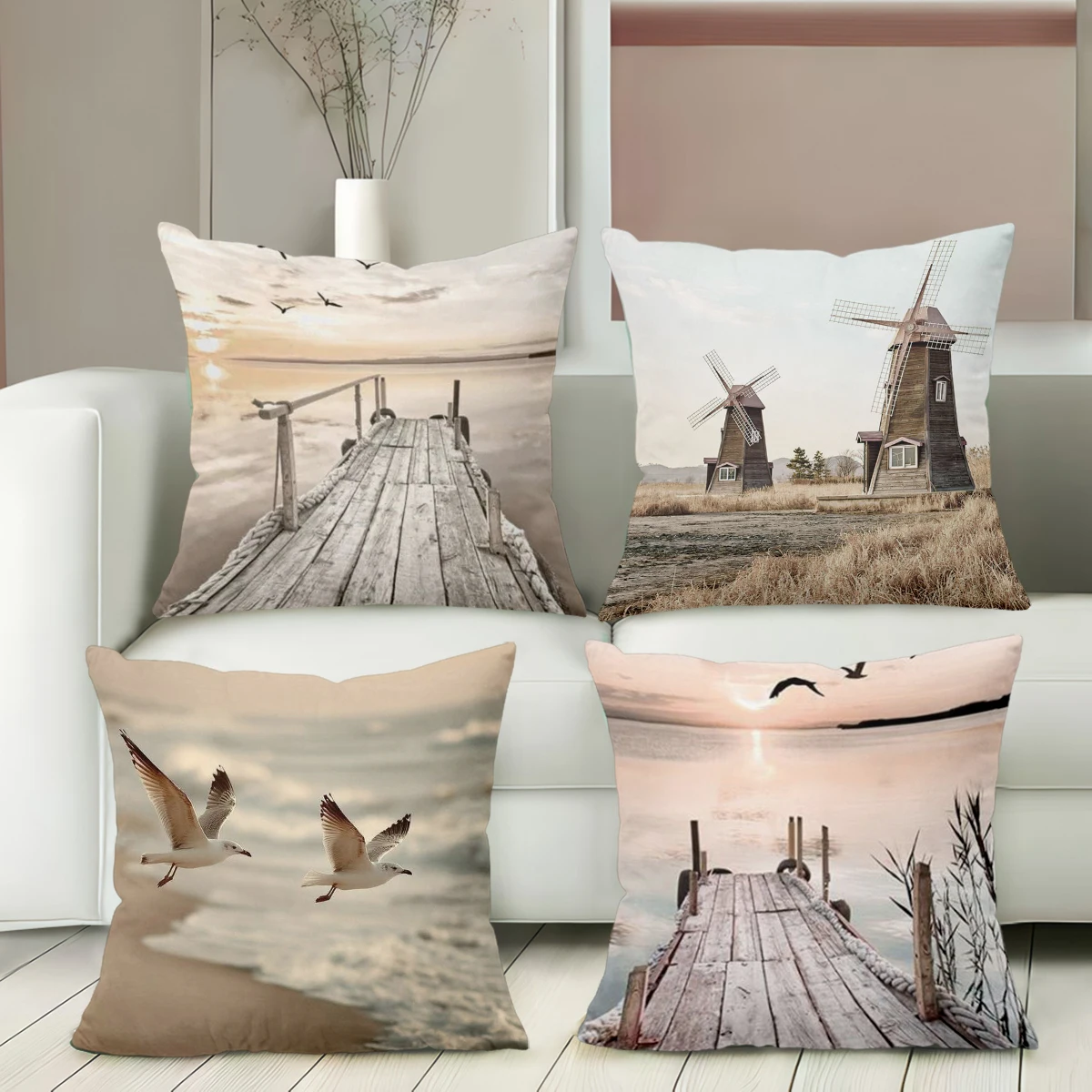 Seagull And Pier Windmill Printed Decorative Cushion Covers Polyester pillowcase, sofa decorative cushion cov Headboard Pillow