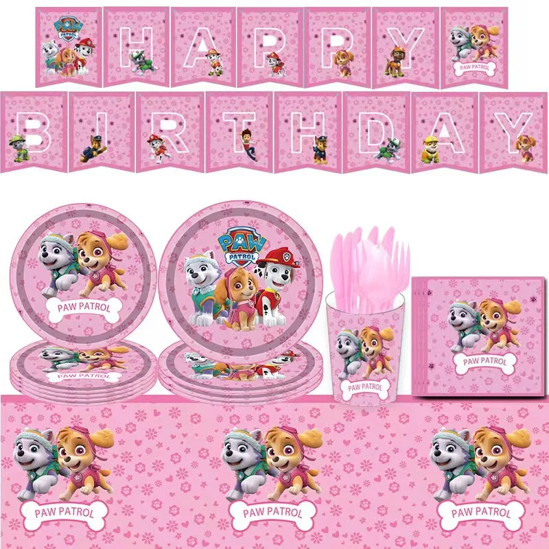 Paw Patrol Pink Birthday Skye Theme Party Decorations Tableware Set Paper Plates Cups Napkins For Kid Party Supplies Toy Gifts