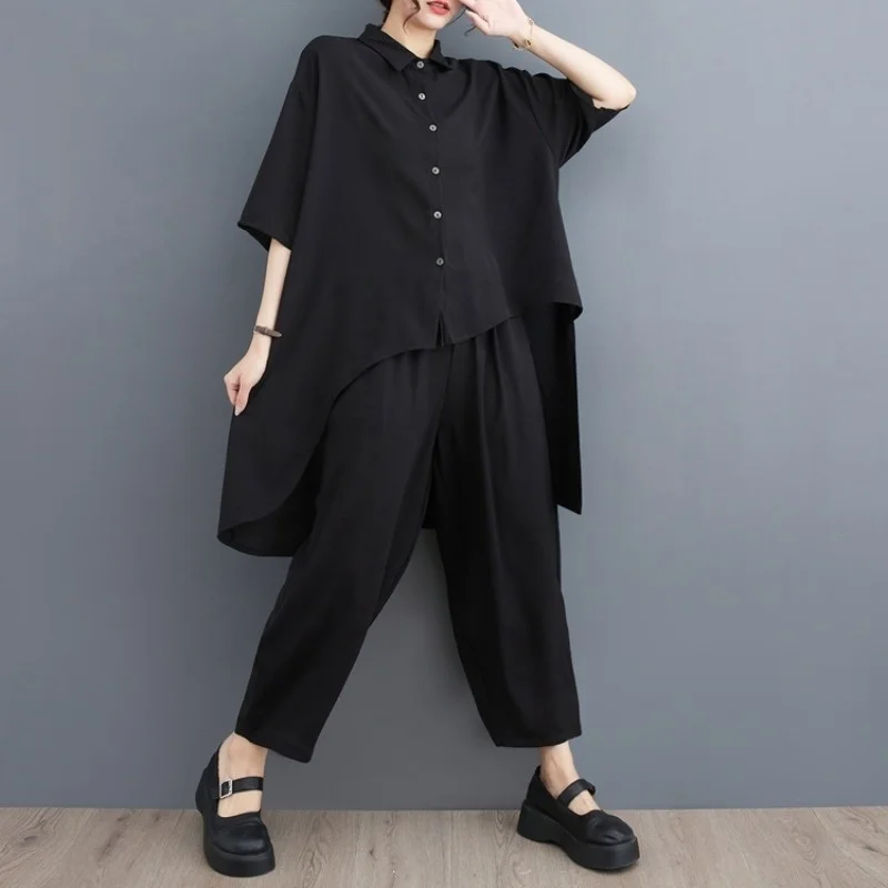 #2721 Spring Summer Black Asymmetrical Long Shirt And Harem Pants Women Loose 2 Piece Outfits For Women Korean Style Pants Set