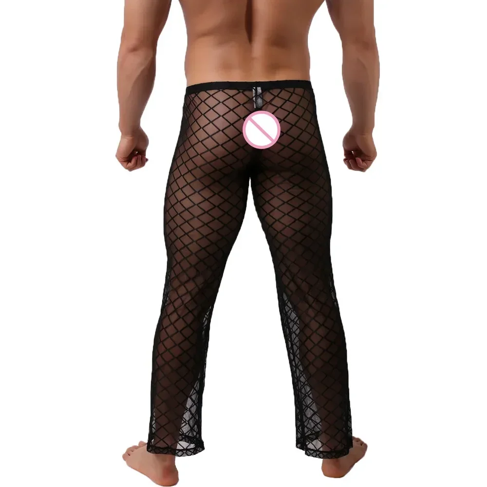 Pijama sexy de fundo de sono transparente masculino, calça lounge de cor sólida, confortável Homewear masculino, roupa íntima, roupa de dormir