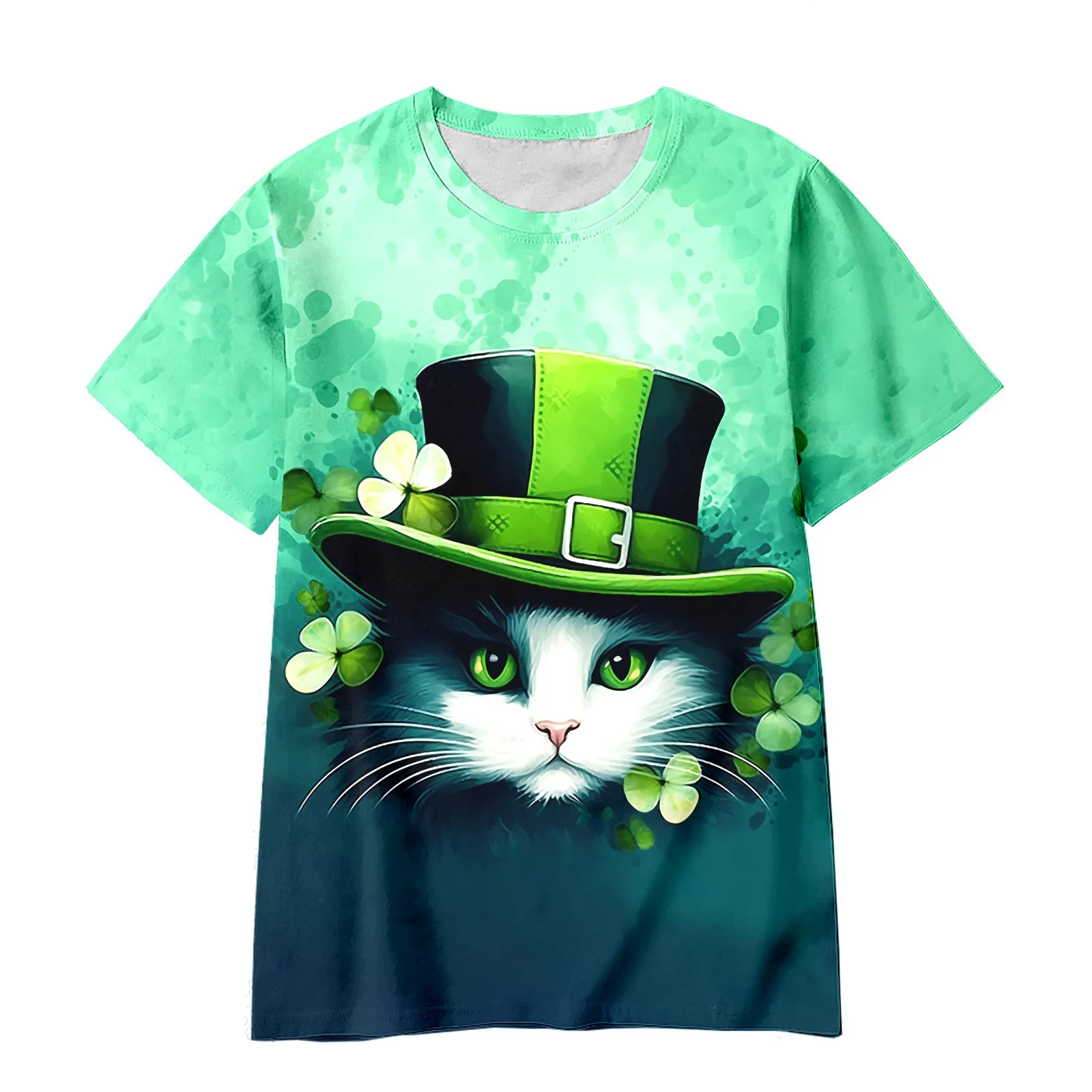 Summer New Lucky Clover Cat T-shirt Children's 3D Cartoon Anime Pattern Children's Girls Boys Fashion Short Sleeves