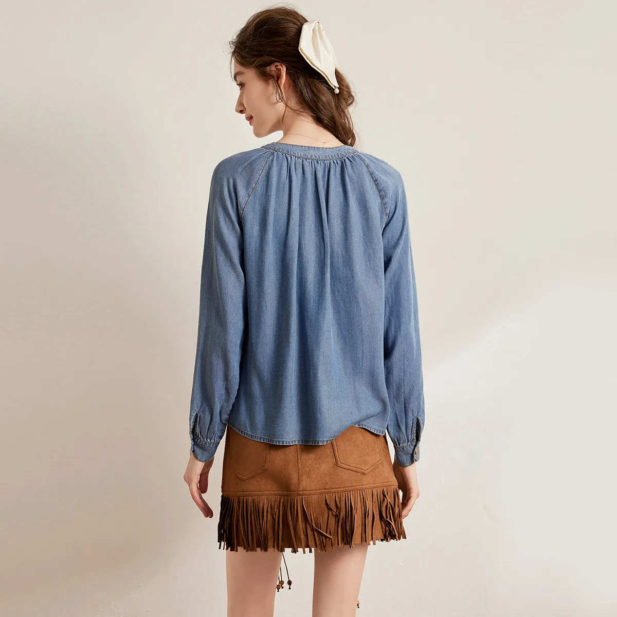 LOUIS YAO New Lace-up Tie-Front Collar Women's Denim Shirt 2025 Spring Raglan Sleeve Long-Sleeve Blouses Denim Tops