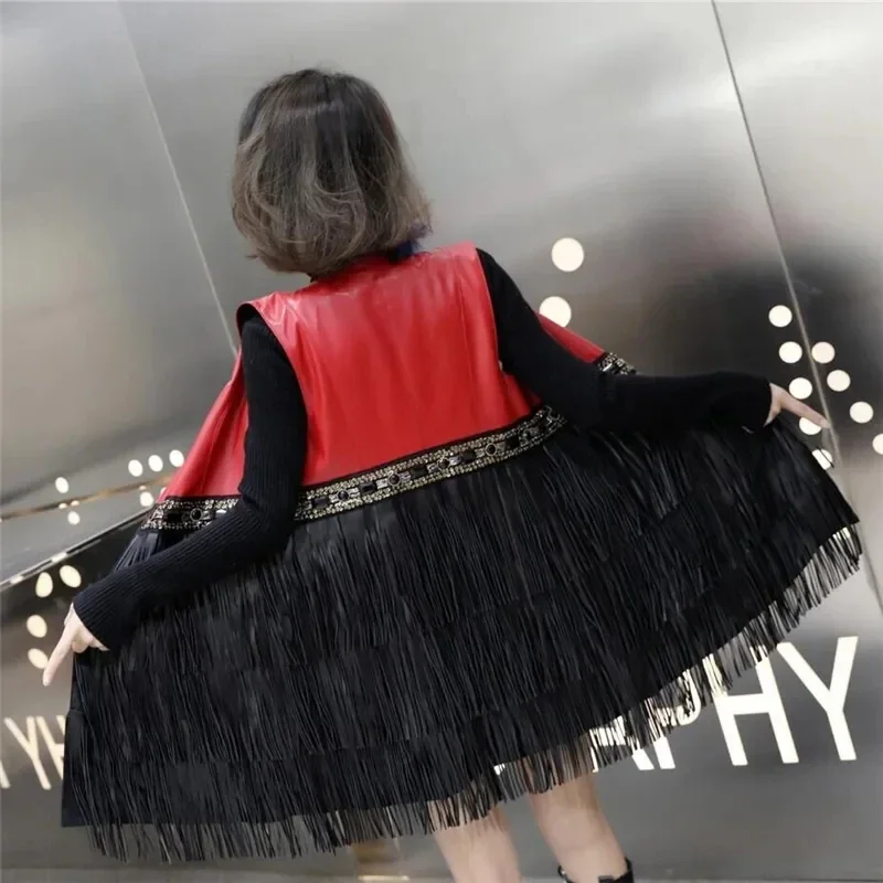 

Fashion Ladies Leather Vest Jacket Lovely Tassel Waistcoat Cardigan Sleeveless Diamond Chaleco Mujer High Quality V Neck Gilet