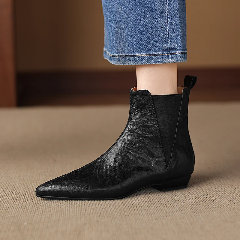 2026 new autumn winter women ankle boots natural leather plus size 22-26cm sheepskin pointed toe low heel chelsea boots fashion