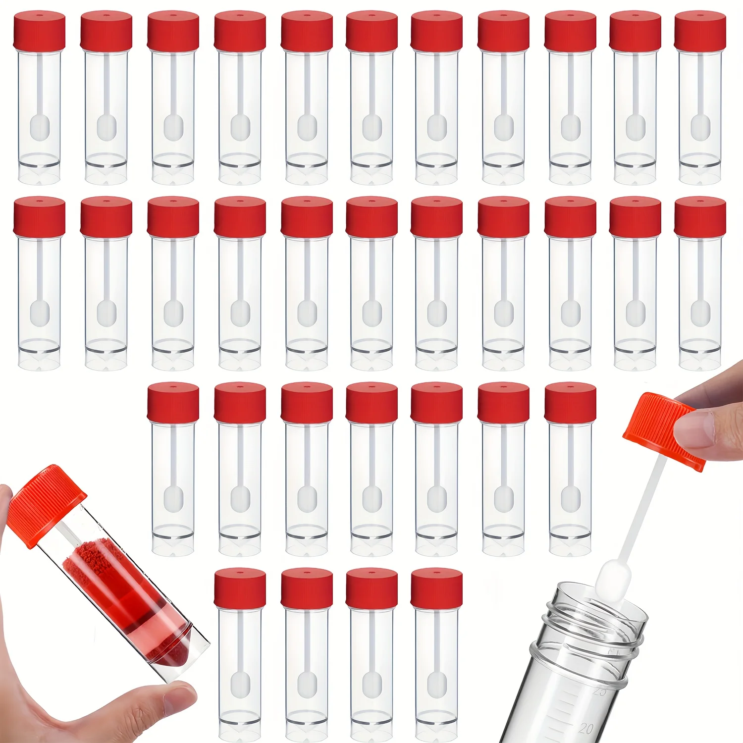 30ML/1OZ capacity red sample bottles with spoons, animal feces sample bottles, laboratory sampling bottles, 3PCS/12PCS/24PCS