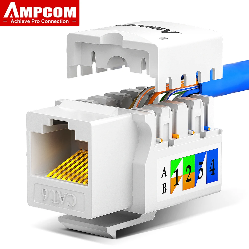 AMPCOM Cat6 RJ45 Keystone Jack Vertical Punch Down Type, LSZH 3U 50U Gold Plated Network Plug Module Connector for Office, Home