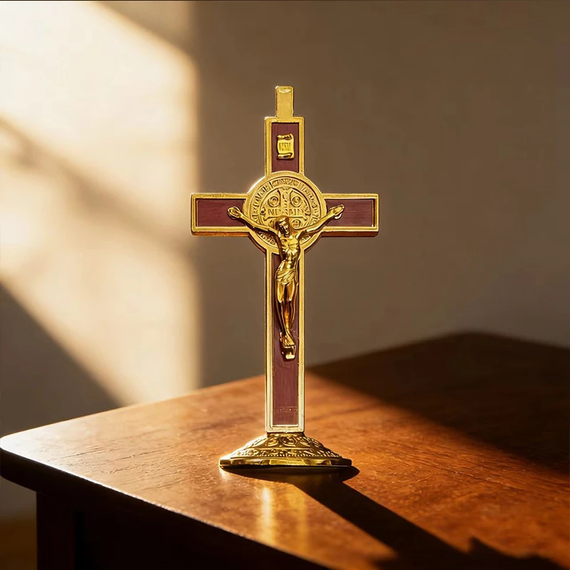 

Gold and Dark Wood Standing Crucifix with INRI Engraving and Saint Benedict Medallion for Home Prayer and Spiritual Protection