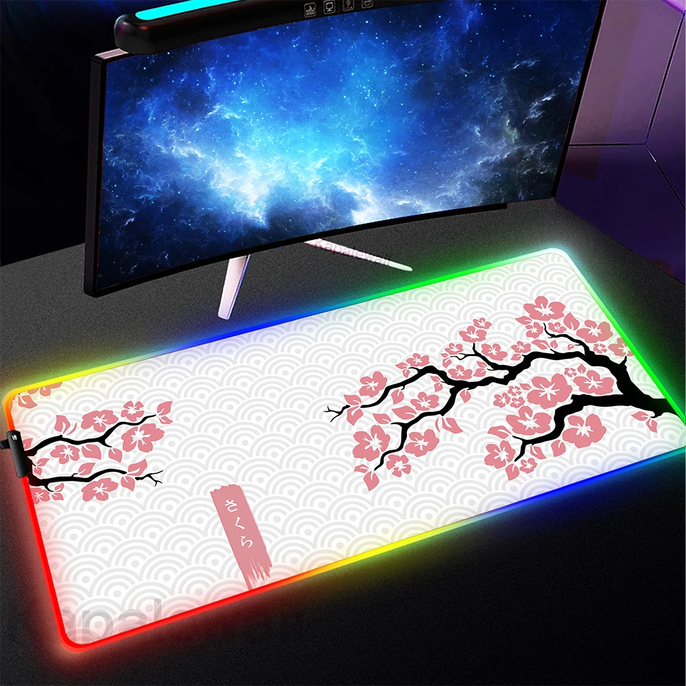 

RGB Cherry Blossoms Mouse Pad LED Sakura Mousepad Gaming Keyboard Pads Backlight Desk Mat PC Gamer Office Colorful Mouse Mat