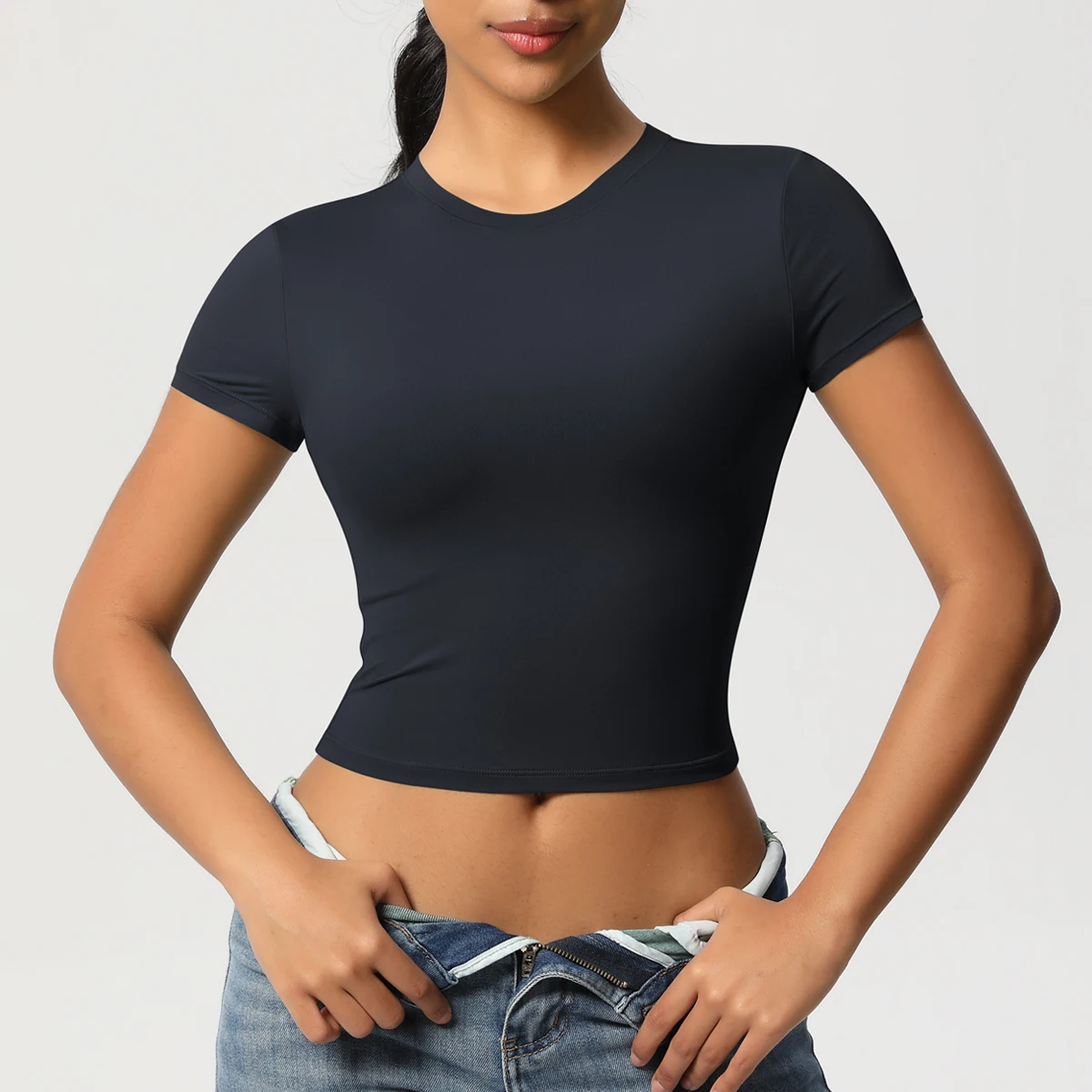 Frauen Sport Shirt Kurzarm Gym Top Workout Kleidung Hohe Elastische Active Wear Femme Lauf Zubehör Fitness T-shirt – Detail 18