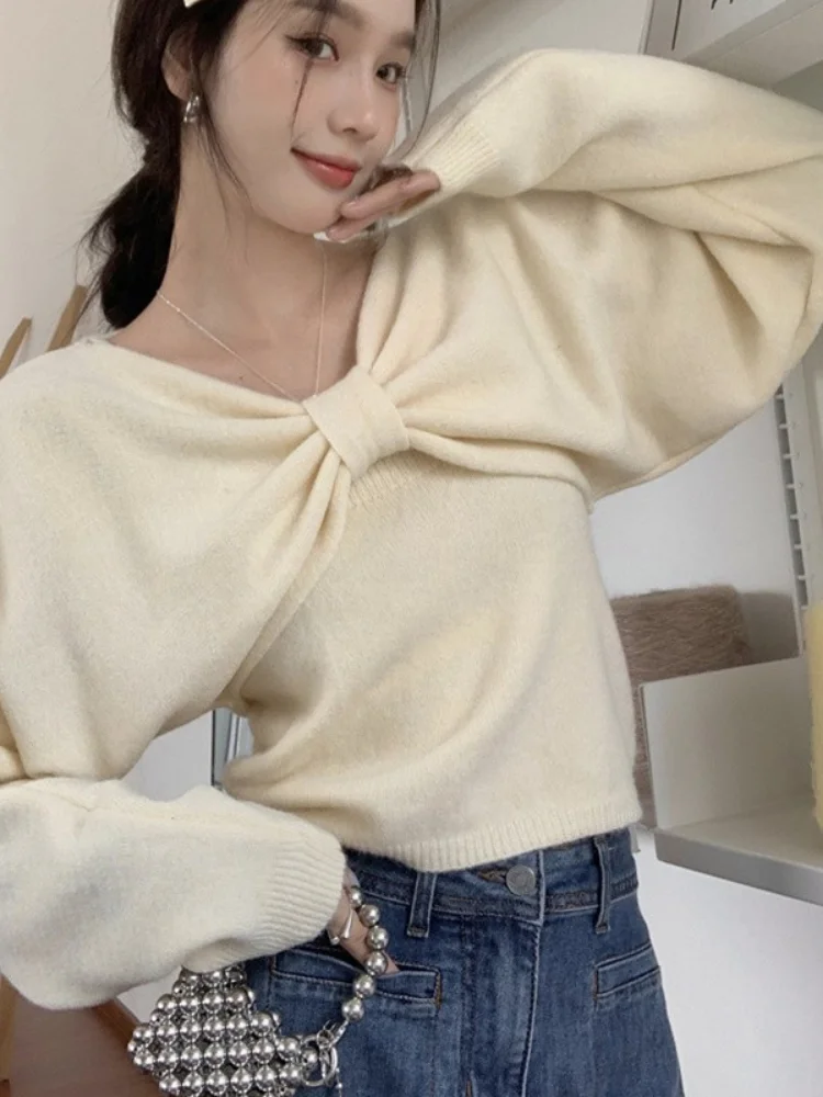 Korean Fashion Outfits 2024 Autumn Winter Two Pieces Set Women Long Sleeve Bow Patchwork Pullover + Solid Sleeveless Tank Top