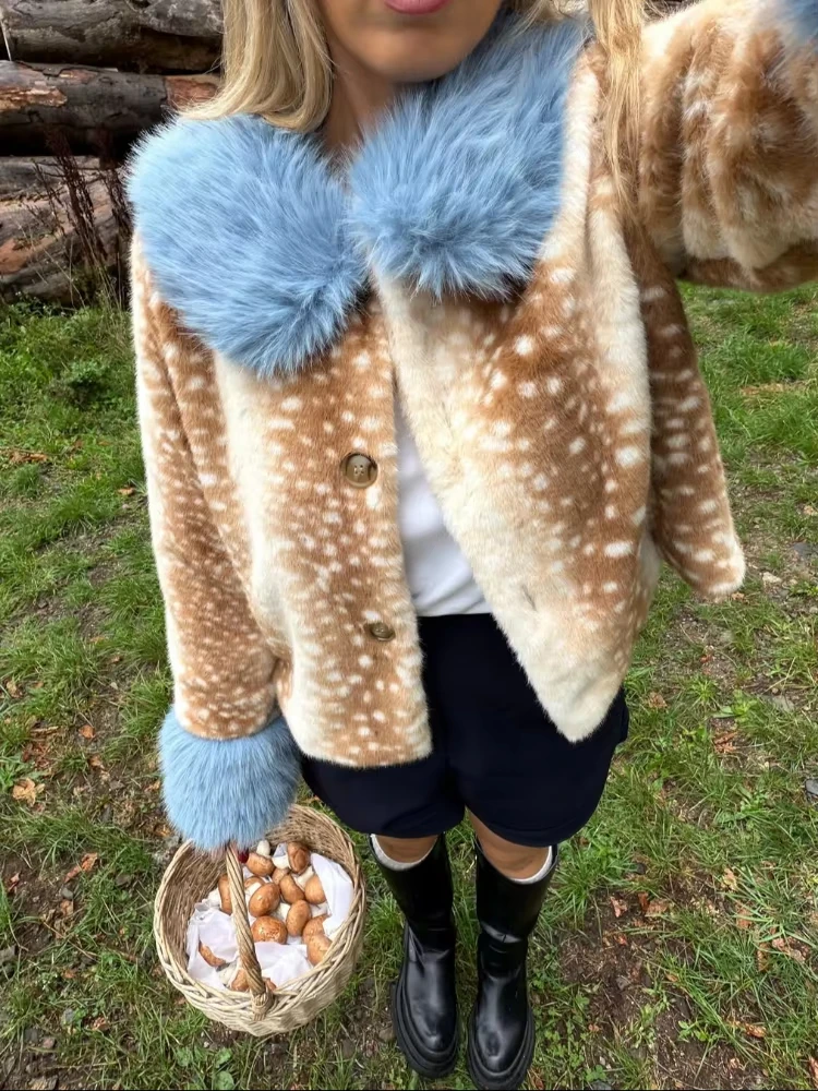 AV Deer Print Faux Fur Cropped Jacket Women Blue Contrast Lapel Cuff Button Up Fluffy Warm Coat Winter Casual Street Outwear