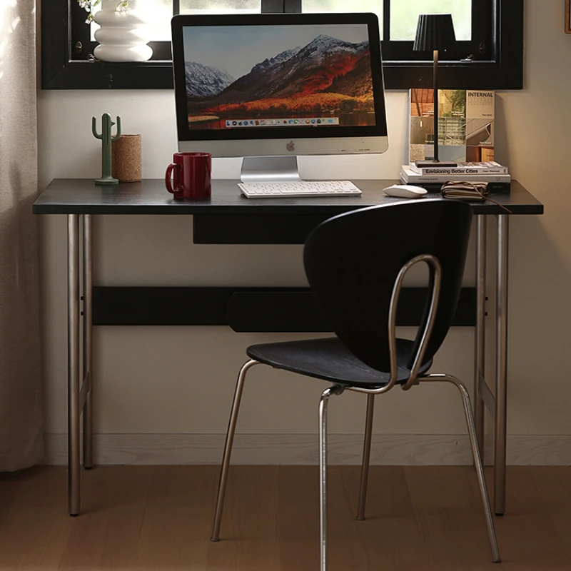 

Black solid wood desk, 1.0 meter small apartment, simple modern stainless steel legs, red oak book office computer