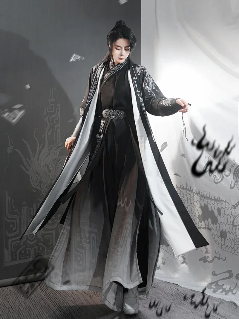 Chinese Hanfu Suit Men Large Size 4XL Black Gradient Hanfu Shirt+Pants+Coat 3pcs Set Male Carnival Vintage Cosplay Costume 3XL