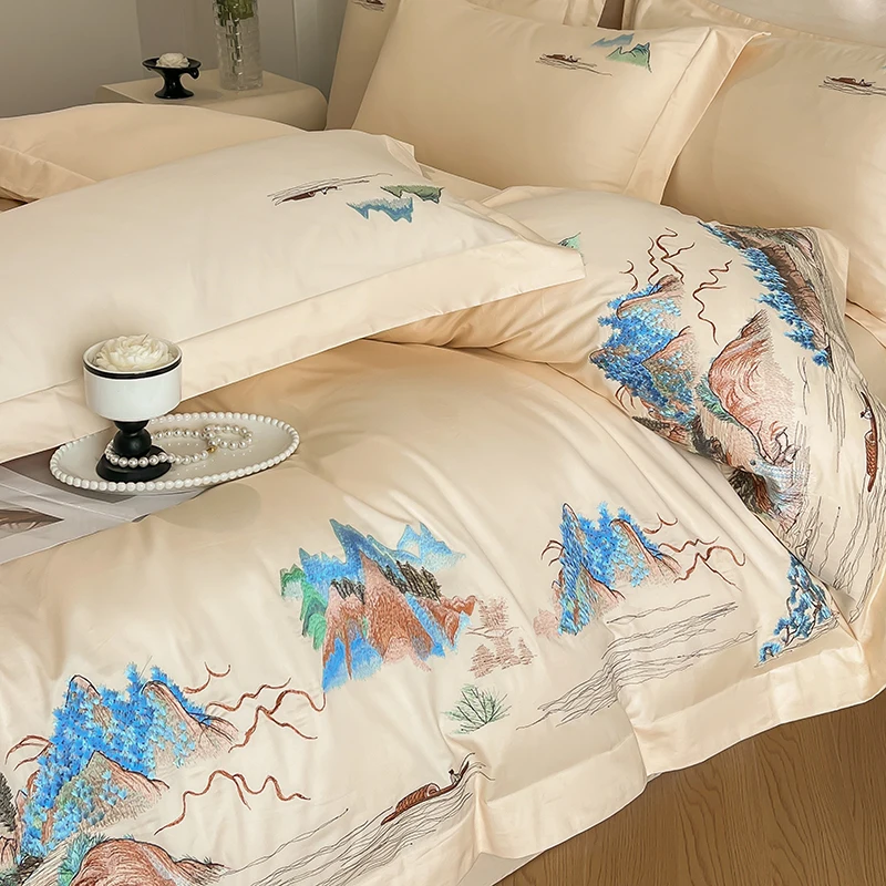 High-grade New Chinese Class A Pure Cotton Four-piece Set Embroidery Quilt Cover Bed Sheets  King Queen Bedding Set