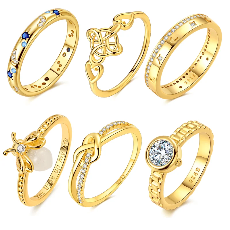 

Original 925 Sterling Silver Sparkling Golden Star Firefly Moon Ring For Women Girls Jewelry Birthday Anniversary Gifts