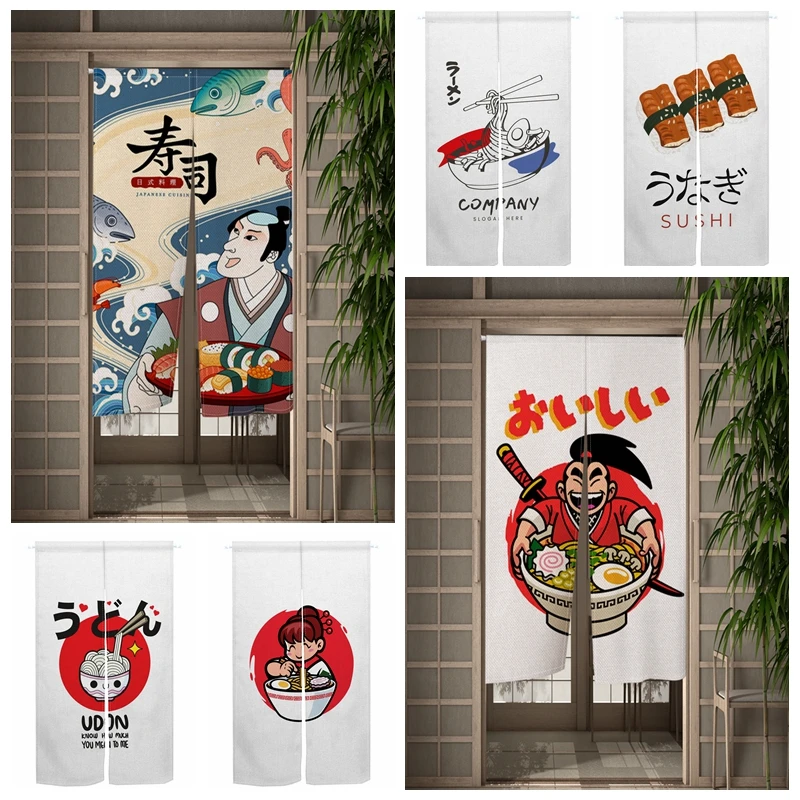Japanese Cartoon Food Door Curtains Sushi Ramen Pattern Partition Split Doorway Curtains Kitchen Restaurant Hanging Half Curtain