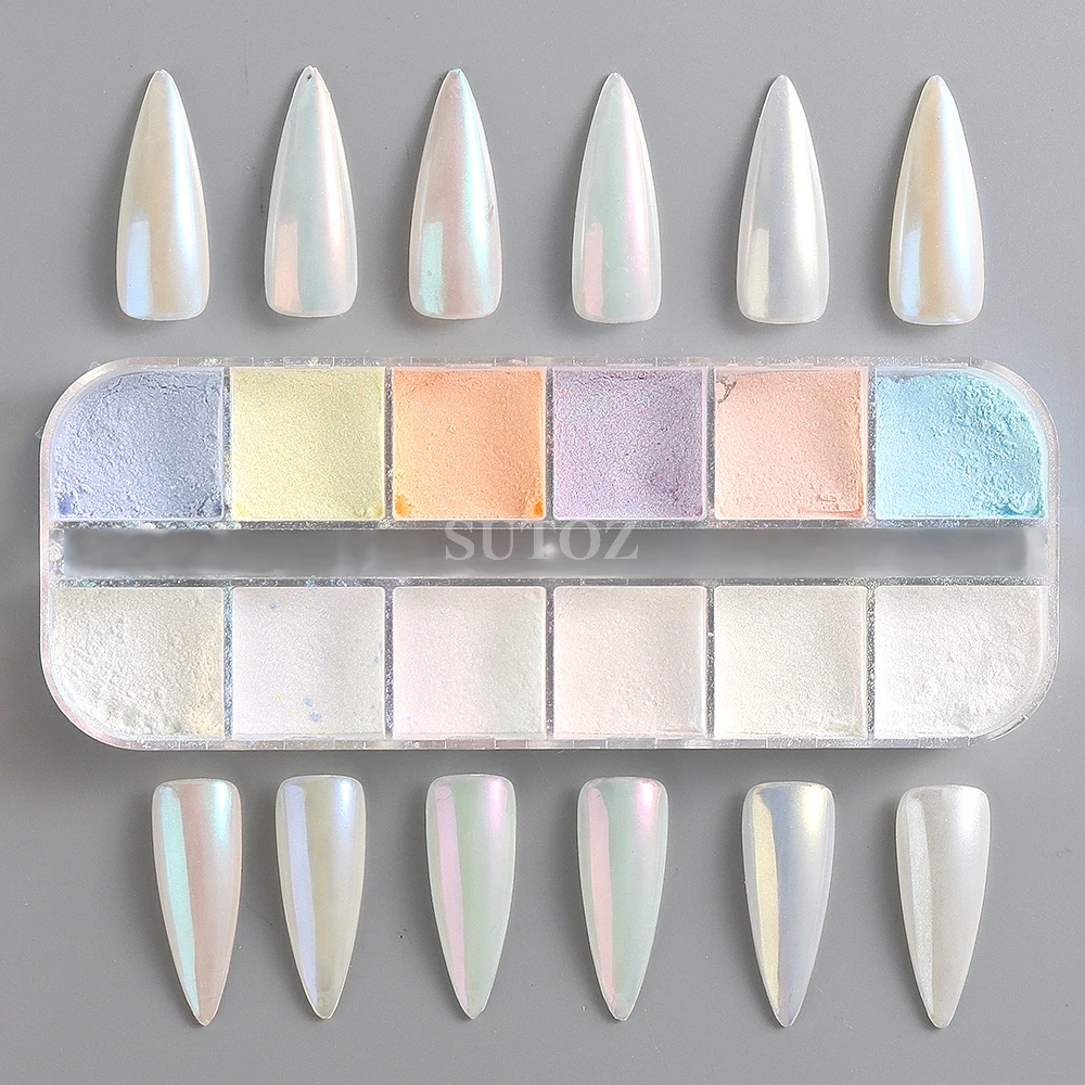 12Grids Aurora Chrome Nail Powder Iridescent Glitter Metallic Mirror Effect for Nails Pearl Rubbing Dust Manicure Pigment GLAMJF