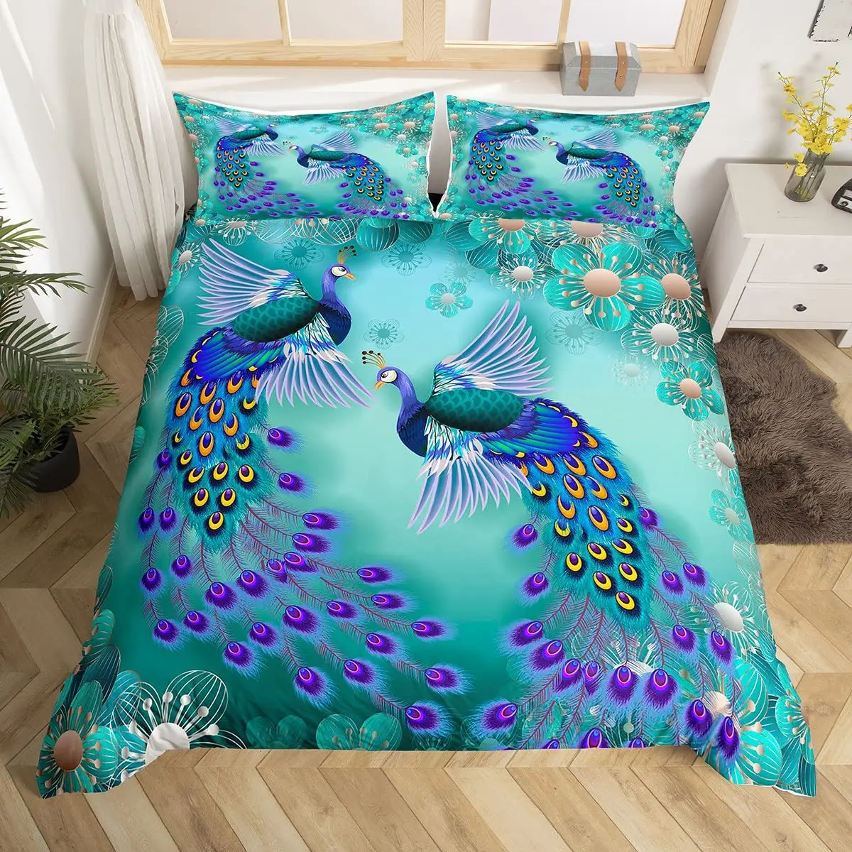 Peacock Duvet Cover Set Simple Peacock Feathers Pattern Queen Comforter Cover Girls Women 3 Piece Bedding Sets Bedroom Decor