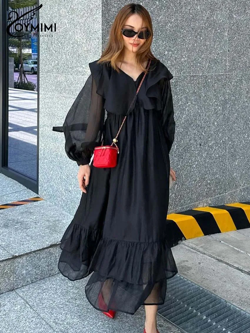 Oymimi Fashion Czarna Luźna Sukienka Damska Elegancka Sukienka z Falbankami Dekolt V Rękawki z Guzikami Jesienna Nowa Plisowana Sukienka do Połowy Łydki