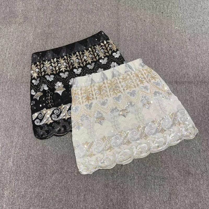 Women's Clothing Spring Summer New Luxury Heavy Work Sequined Skirt Elastic Waist Hip Skirt Popular White Black Short Skirts