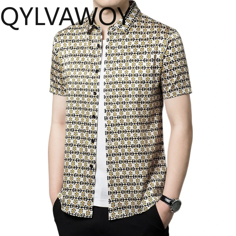 

QYLVAWOY 92.4% Mulberry Silk Shirts Summer Tops Premium Men's Shirts Printed Shirts for Men Stylish Menswear Clothing Casual