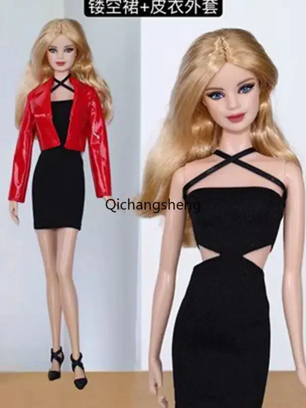 1/6 Red Leather Coat Black Dress For Barbie Doll Clothes Outfits Set Jacket Evening Dresses 11.5