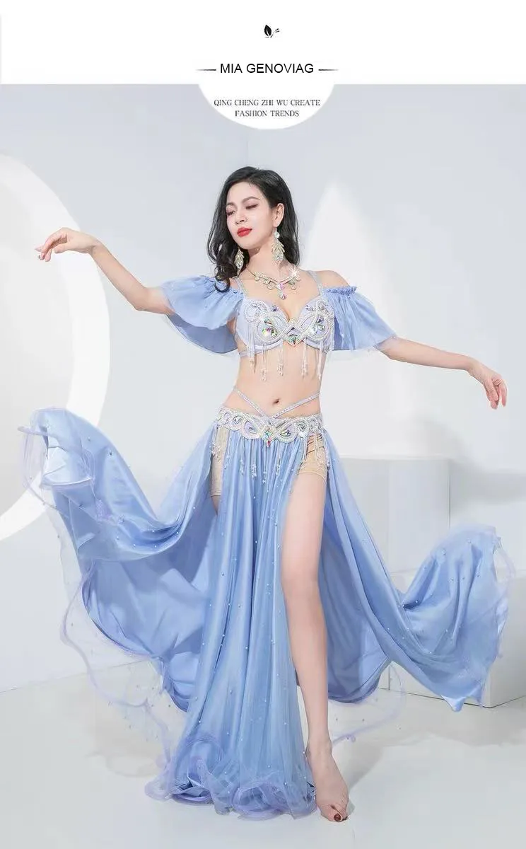 Dames Toneelvoorstelling Luxe Buikdansen Egyptische kostuums Oosterse stijl Strass BH, Chiffon Rok Buikdans 3st