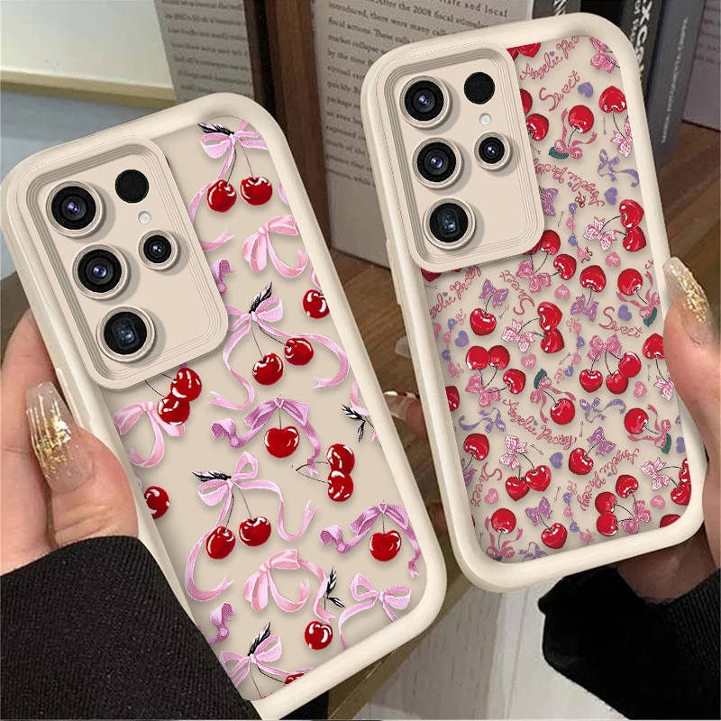 Full Screen Cherry Bow Silicone Case for Samsung Galaxy S23 S24 S25 Ultra S22 S21 Plus FE 5G A54 A34 A14 A73 A53 A33 5G Cover