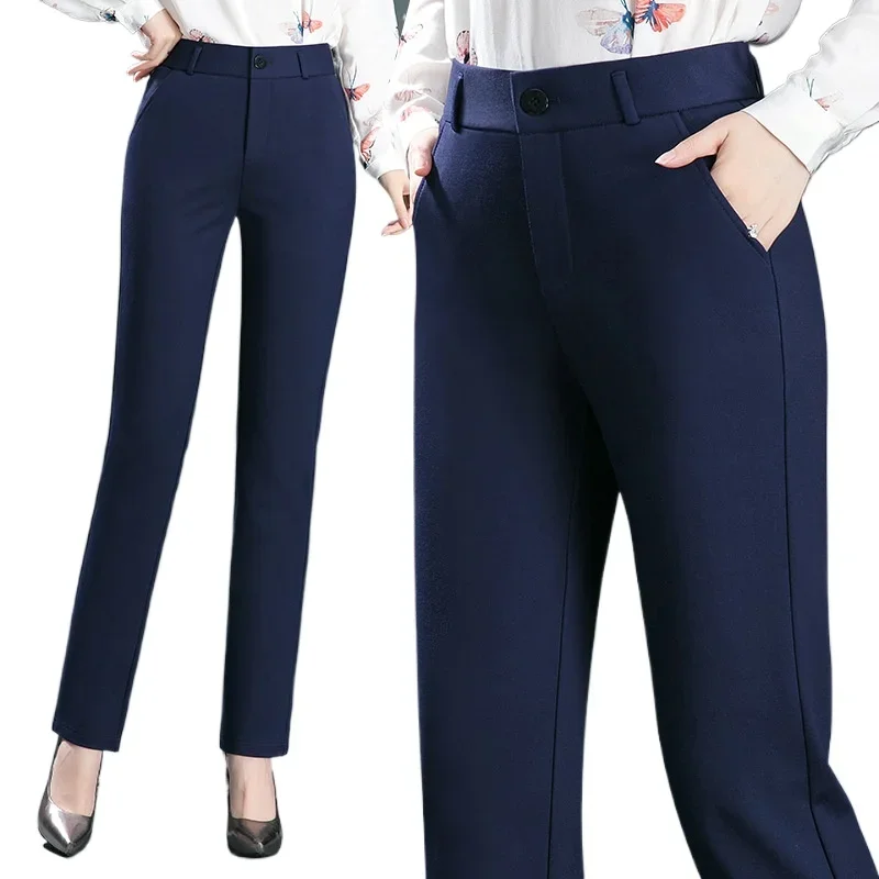 2025 Spring and Autumn Khaki High Waist Straight Baggy Pants Women, Navy Middle-aged Mom Stretch Casual Trousers,Plus Size M-8XL