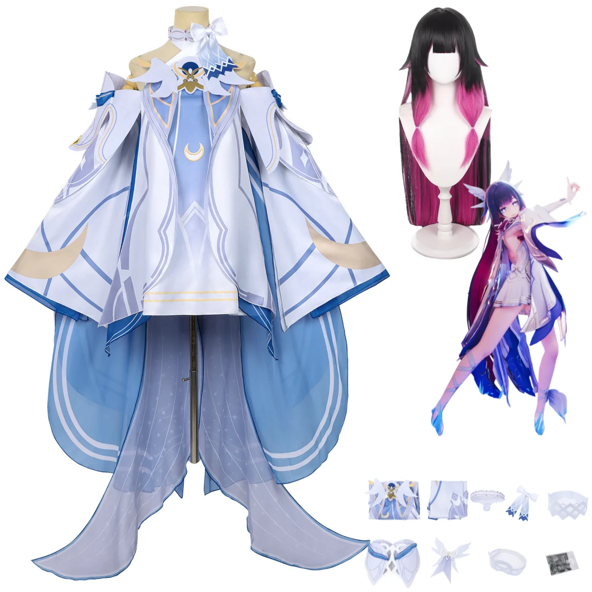 

Game Columbina Hyposelenia Cosplay Costume Moon Maiden Damselette Kuutar Blue Princess Dress Wig Woman Sexy Halloween Suit
