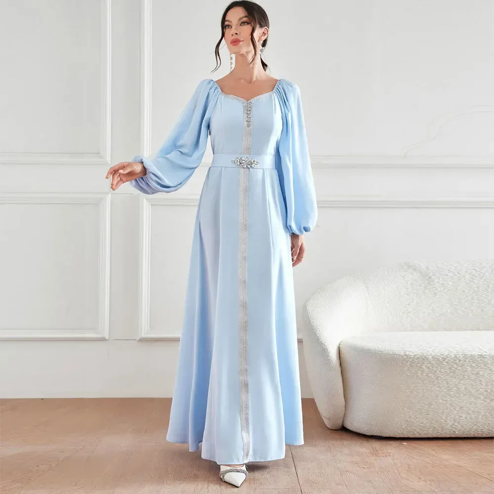 

High-waisted Nail Drill Muslim Dress Autumn Women India Arabic Dubai Abaya Elegance Turkey Kaftan Gown Robe Musulman Long Dress