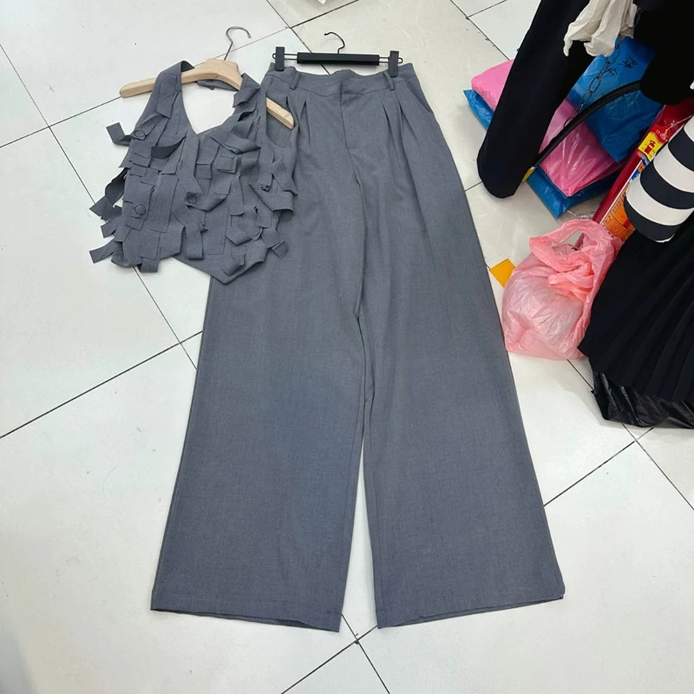 

European, American and Australian French retro style tassel halter neck vest with slim wide-leg pants suit-GZXX324