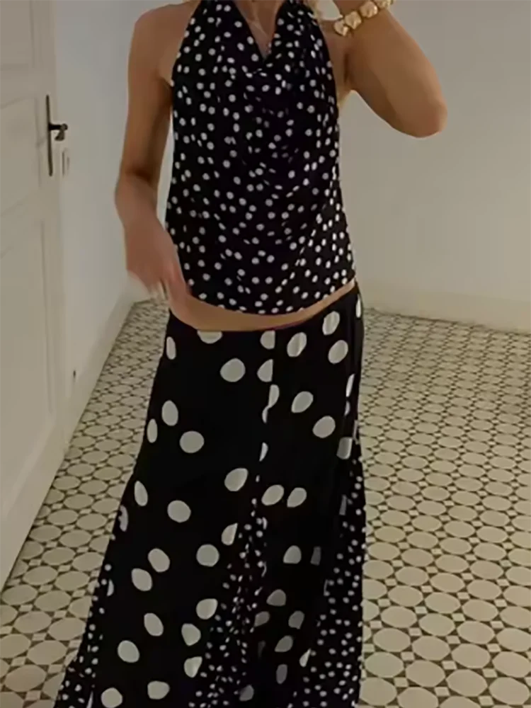

New Casual Off Shoulder Slim Fit Beach Suit Elegant High Waist Long Skirt Party Outfit Wave Print Hollow Out Loose Two Piece Set