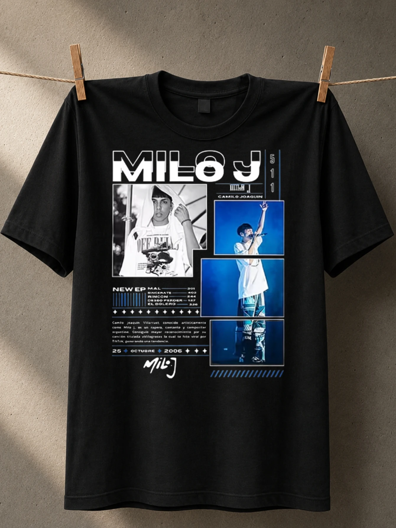 Milo J blue concert photo collage with   panels date details and bold magazine layout Unisex All  Unisex All T-Shirt
