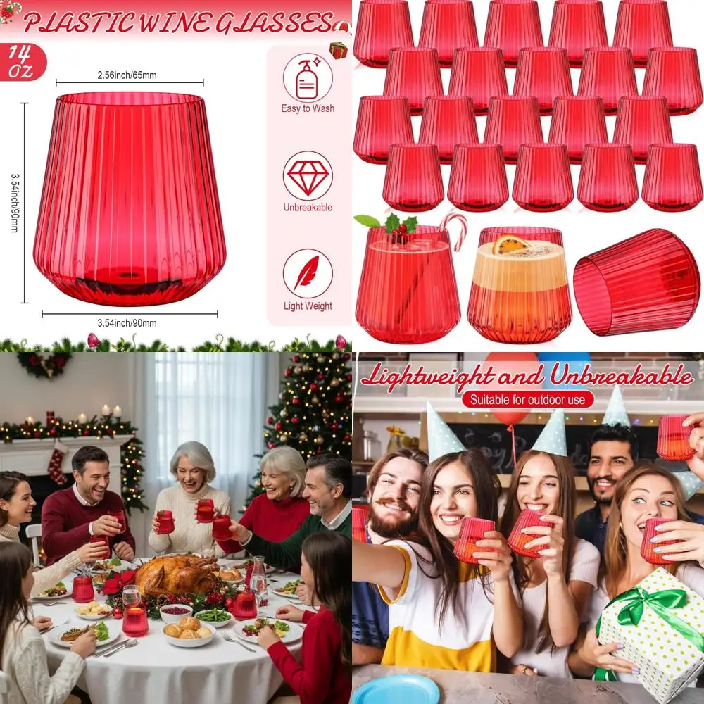 

Ребристые пластиковые бокалы для вина без ножек на 14 унций — небьющиеся стаканчики для использования на открытом воздухе и в помещении, идеально подходят для вечеринок и свадеб (50 упаковок,