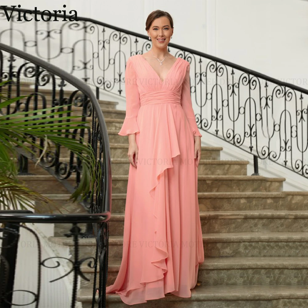 VICTORIA-vestido Formal de gasa para invitados de boda, prenda con cuello en v, plisado, hasta el suelo, para madre de la novia, 2024