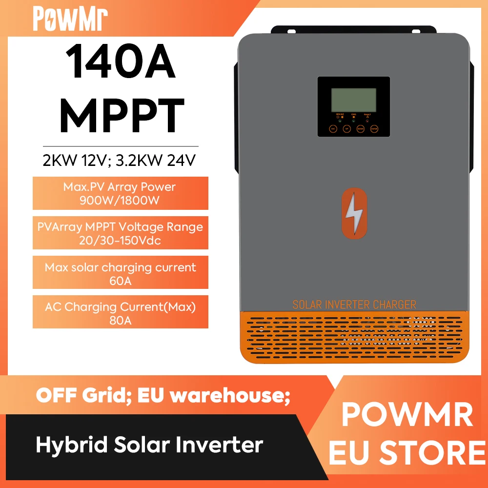 PowMr 2KW 12V 3.2KW 24V Hybrid Solar Inverter MPPT 140A OFF Grid Pure Sine Wave Solar Inverter 220V 230V