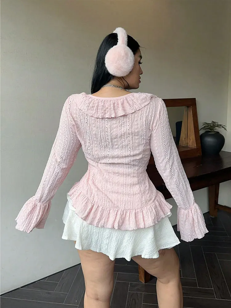 قميص علوي أنيق جديد مكشكش مقاس كبير مع حافة مكشكشة وحاشية غير منتظمة ملابس علوية Kpop تناسب الجميع مقاس كبير ملابس نسائية