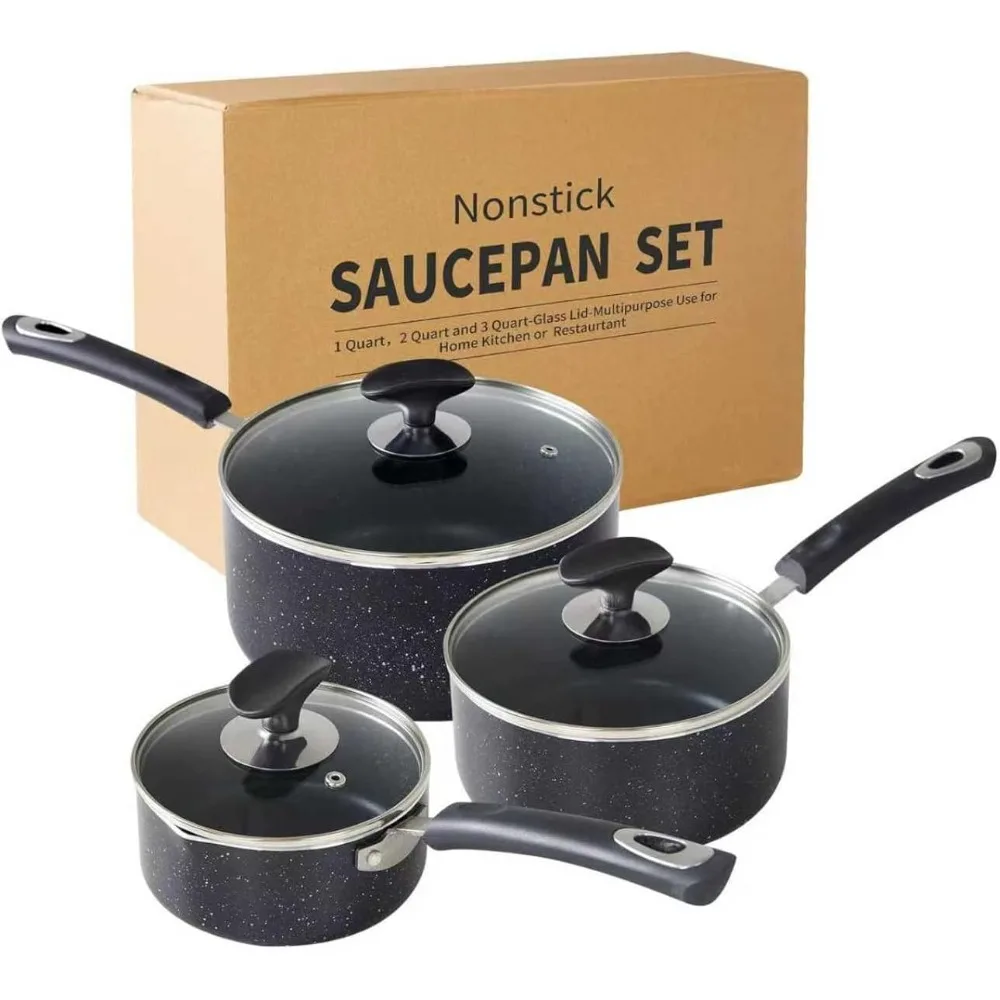 

Nonstick Saucepan Set with Glass Lid 1Qt 2Qt 3Qt Small Milk Pot Silicone Handle