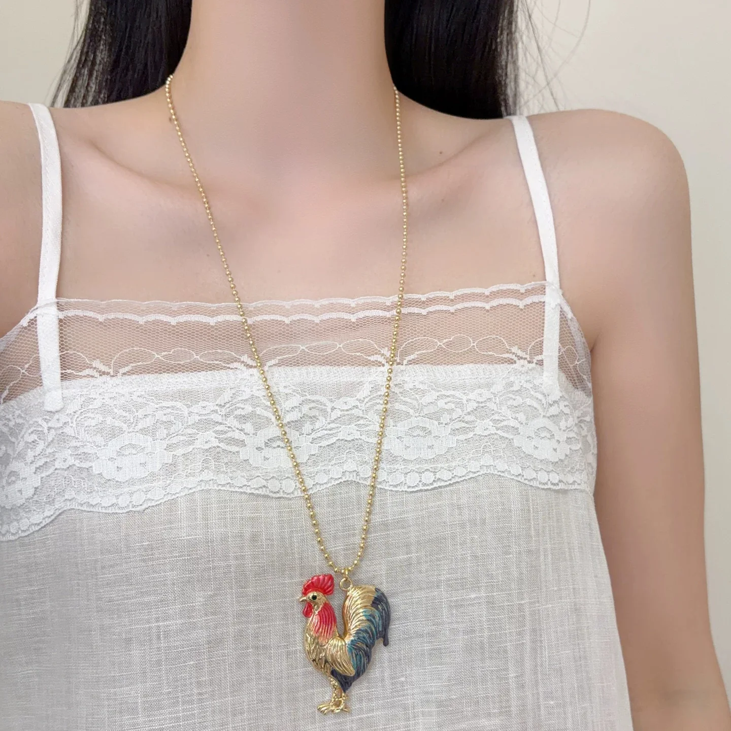 Vintage Colorful Enamel Rooster Jewelry Set Gold Plated Cock Pendant Necklace Ring Set Retro Animal Statement Accessories for Wo