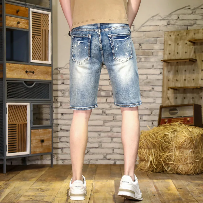 High-End-Stickerei Scratch Patch Denim Shorts Herren Sommer Slim Fit Stretch Persönlichkeit gedruckt lässige Retro-Shorts