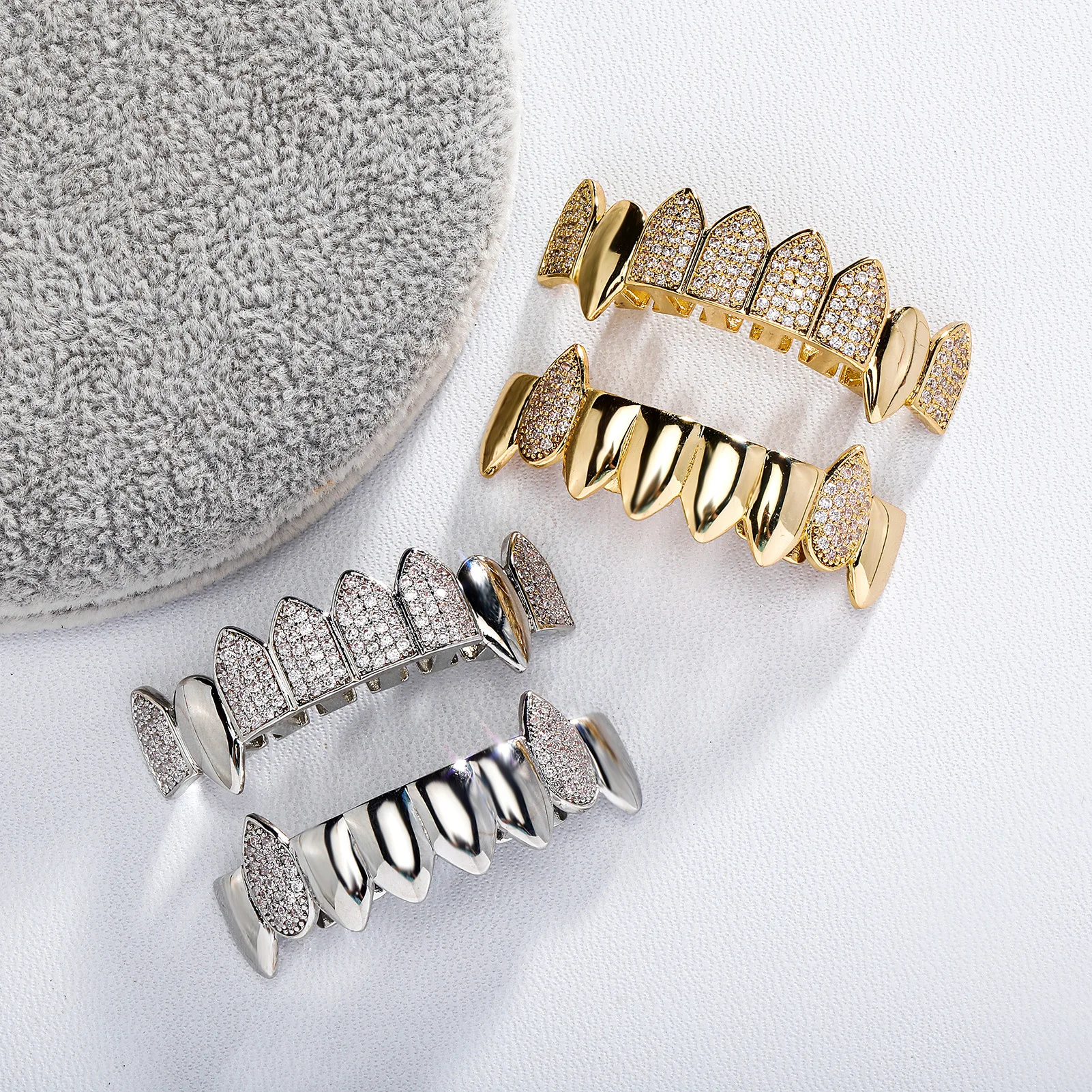 YOUNGX Hip Hop 8/8 Glossy CZ Stone Teeth Grillz Cubic Zircon Top&Bottom Tooth Caps For Women Men Body Jewelry Fangs