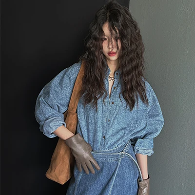 Korean Style Chic Lazy Shirt Wrap Slit Uneven Jeans Half Skirt Two Piece Set Women's Fashion Set Long Sleeve Four Seasons - view 2