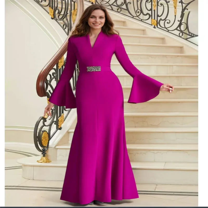 

Оптовая продажа, платья для матери невесты цвета фуксии, платья для матери русалки с длинными рукавами, свадебные платья с поясом по индивидуальному заказу