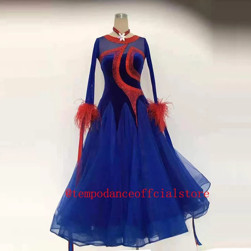 Standard Ballroom Dance Dress Adult 2022 New Rose Red Feather Waltz Dancing Skirt Ballroom Competition Dance Dresses Women