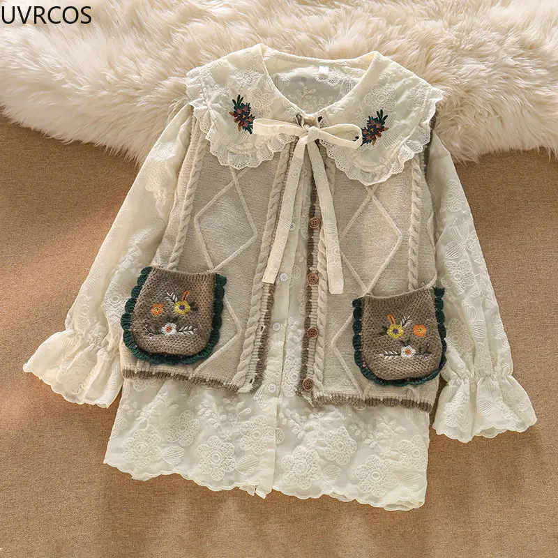 Kawaii Lolita Blouse Women Retro Flower Embroidery Long Sleeve JK Shirt Top Girl Harajuku Peter Pan Collar White Elegant Blouses