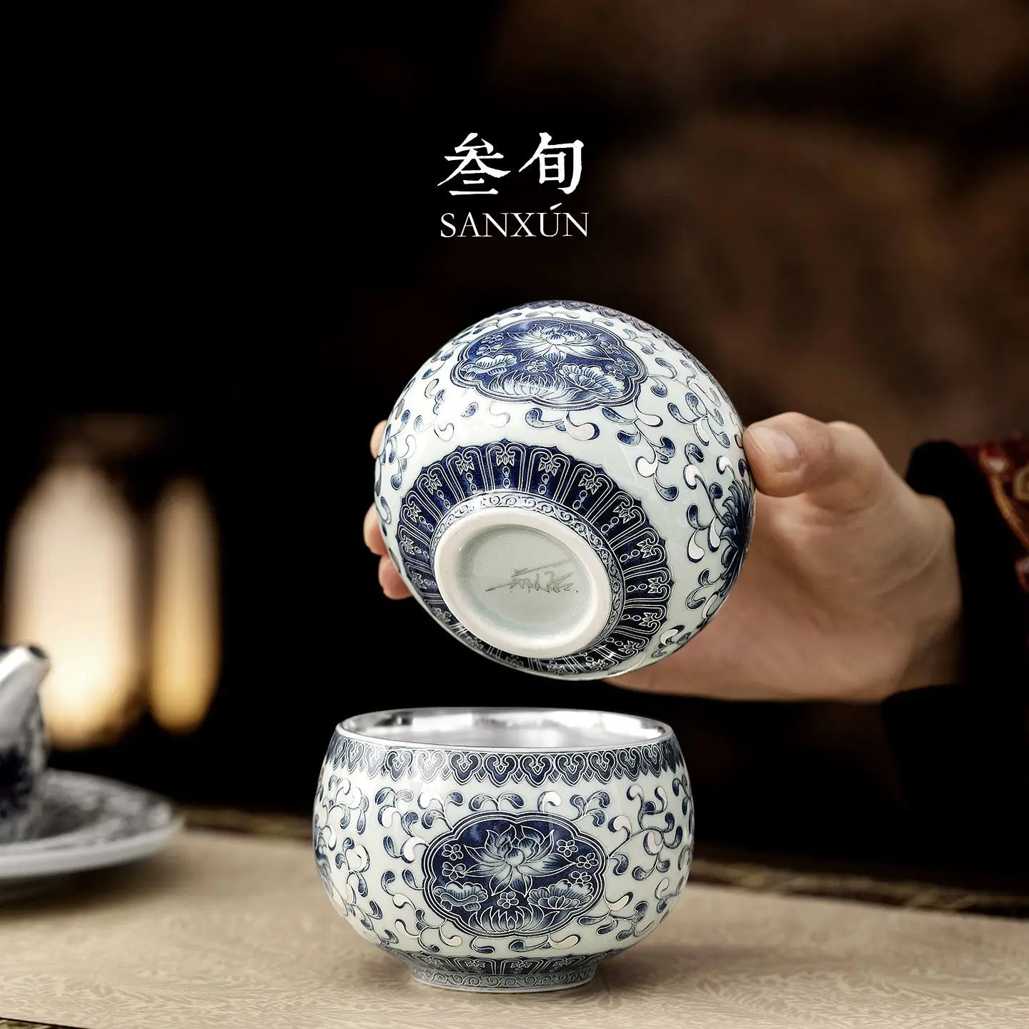 30-Year-Old Gilt Silver Blue White Lotus Pattern Large Tea Set Drinking Cup Pair Of Cups Gift For Elders And Leaders