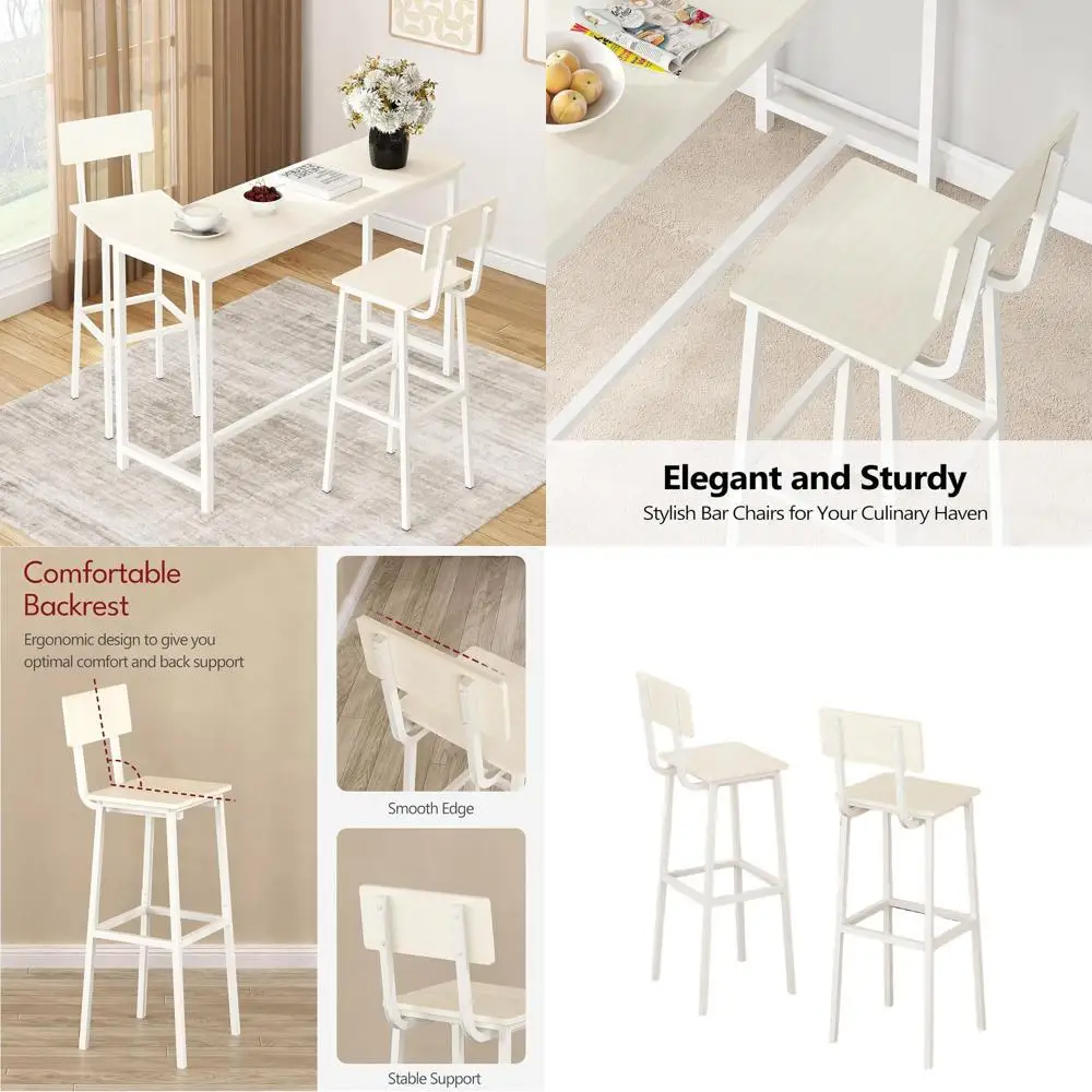 

Industrial Style White Counter Height Bar Stools with Backrest and Footrest, Set of 2 for Kitchen or Dining Room