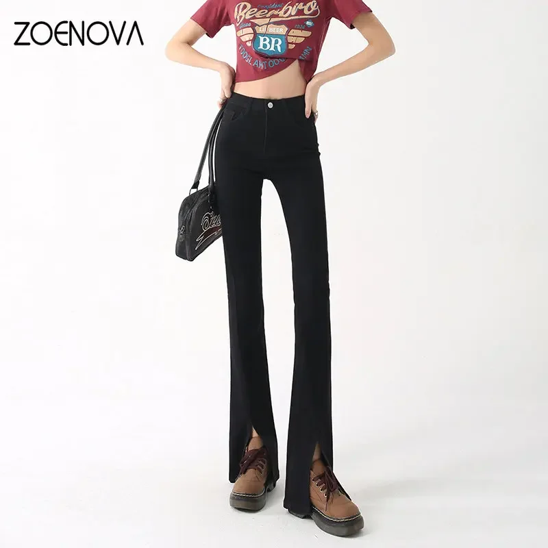 ZOENOVA Spring 2023 New Korean Versatile Micro Horn Hem Split Jeans Women's Loose Denim Trousers Y2K Flare Pants Dark Light Blue