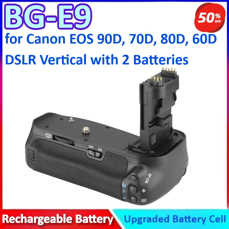 

BG-E9 Battery and Grips for Canon EOS 90D, 70D, 80D, 60D DSLR Vertical Shooting Power Grips with 2 Batteries or Add Remote Cont